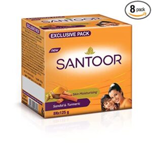 Santoor Sandalwood and Turmeric Bath Soap for Younger Looking and Glowing Skin, Combo Offer, 125 g (Pack of 8)